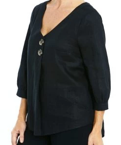Ping Pong Button Front Linen Top | Black | PP4