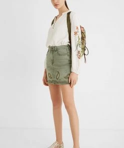 Desigual Short Paisley Denim Skirt | Olive | DG9 S Skirts