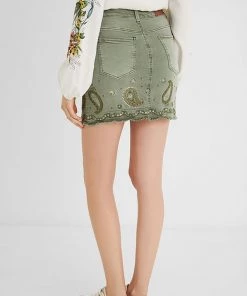 Desigual Short Paisley Denim Skirt | Olive | DG9 S Skirts