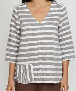 Ping Pong Clothing V Neck Linen Stripe Top - Mocha - PP7
