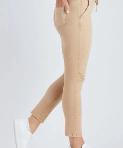 Threadz Tie Front Gathered Jeans | Caramel | TZ20 Clothing