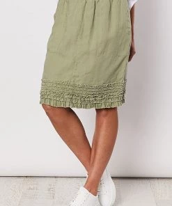 Gordon Smith Ruffled Hem Linen Pull On Skirt | Sage | GS22