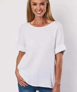 Threadz Textured Button Back Top | White | TZ12 Clothing