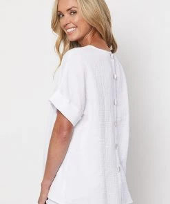 Threadz Textured Button Back Top | White | TZ12 Clothing