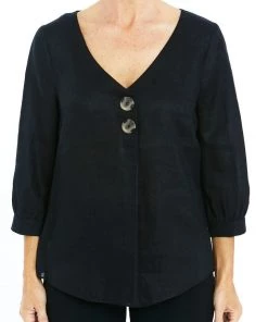 Ping Pong Button Front Linen Top | Black | PP4
