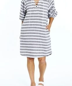 Ping Pong Stripe Linen Lace Up Dress | Mocha | PP6 Clothing