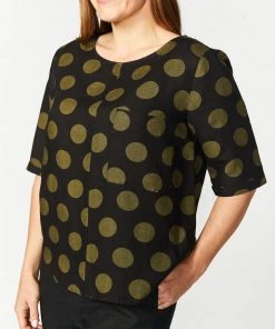 See Saw Linen Elbow Sleeve 1 Pocket Top - Olive Spot - SS3