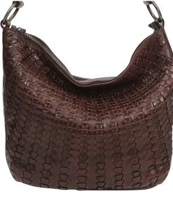 Modapelle Vintage Leather Woven Bucket Bag - Chocolate Handbags