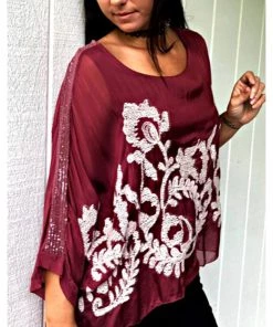 Jenny Jazz Anastasia Emb. Silk Top | Claret