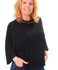 Bamboo 1/2 Batwing Sleeve Zip Top | Black | BO1