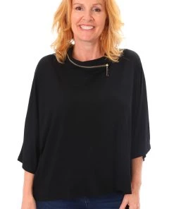 Bamboo 1/2 Batwing Sleeve Zip Top | Black | BO1