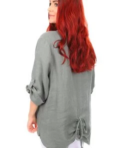 Cindy G Sea Green Drawstring Linen Top