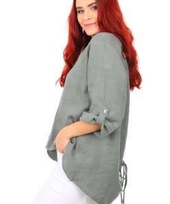Cindy G Sea Green Drawstring Linen Top