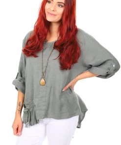 Cindy G Sea Green Drawstring Linen Top