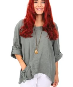 Cindy G Sea Green Drawstring Linen Top