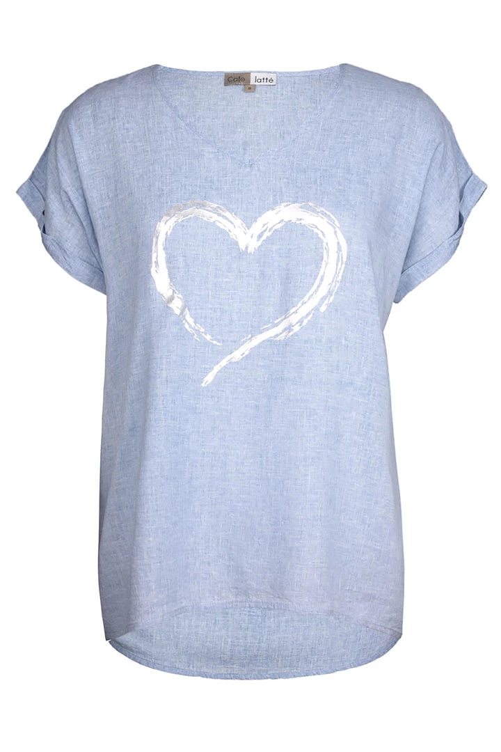 Cafe Latte Heart Foil Print Tee | Denim | Cl13 1 Cafe Latte Heart Foil Print Tee | Denim | Cl13