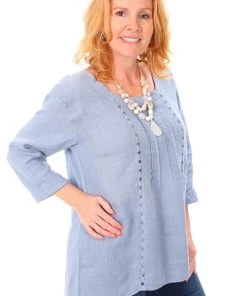 Cest Parfait Tops Pleated Blue Linen Top - CP9