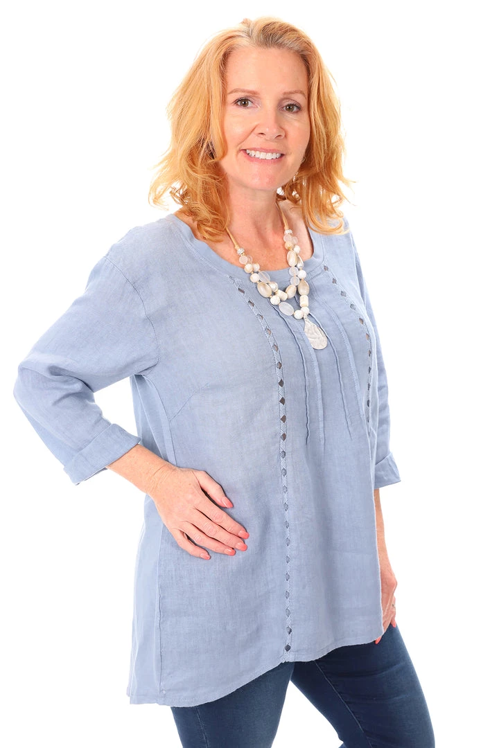 Cest Parfait Tops Pleated Blue Linen Top - CP9 2 Cest Parfait Tops Pleated Blue Linen Top - CP9