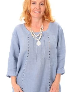 Cest Parfait Tops Pleated Blue Linen Top - CP9