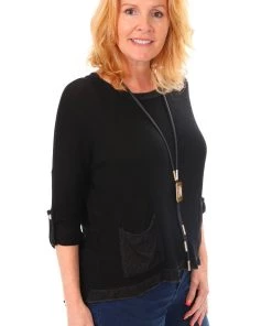 Cindy G Silver Trim Round Neck Knit | Black | CG13 Clothing