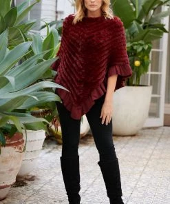 Holmes & Fallon Clothing Faux Fur Knit Hem Poncho | Wine | HF3