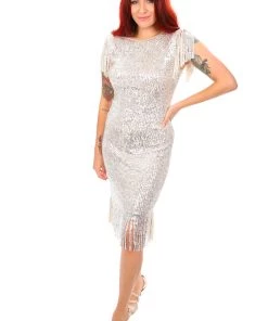 Frank Lyman Events Sparkle Tassel Dress | Cream | FL35