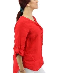 Ping Pong Linen 3/4 Sleeve Lace Up Top | Red