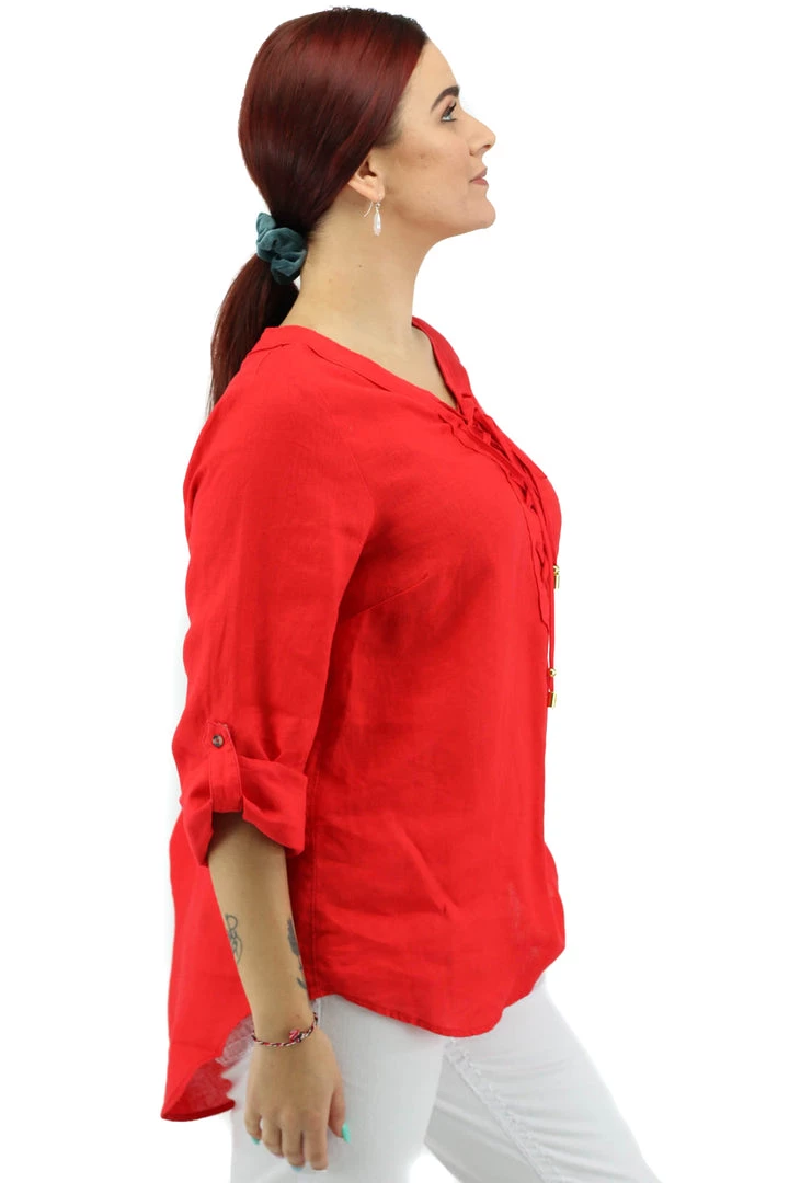 Ping Pong Linen 3/4 Sleeve Lace Up Top | Red 2 Ping Pong Linen 3/4 Sleeve Lace Up Top | Red