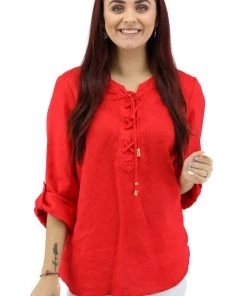 Ping Pong Linen 3/4 Sleeve Lace Up Top | Red