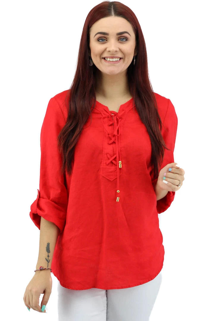 Ping Pong Linen 3/4 Sleeve Lace Up Top | Red 1 Ping Pong Linen 3/4 Sleeve Lace Up Top | Red