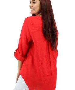 Ping Pong Linen 3/4 Sleeve Lace Up Top | Red 5 Ping Pong Linen 3/4 Sleeve Lace Up Top | Red