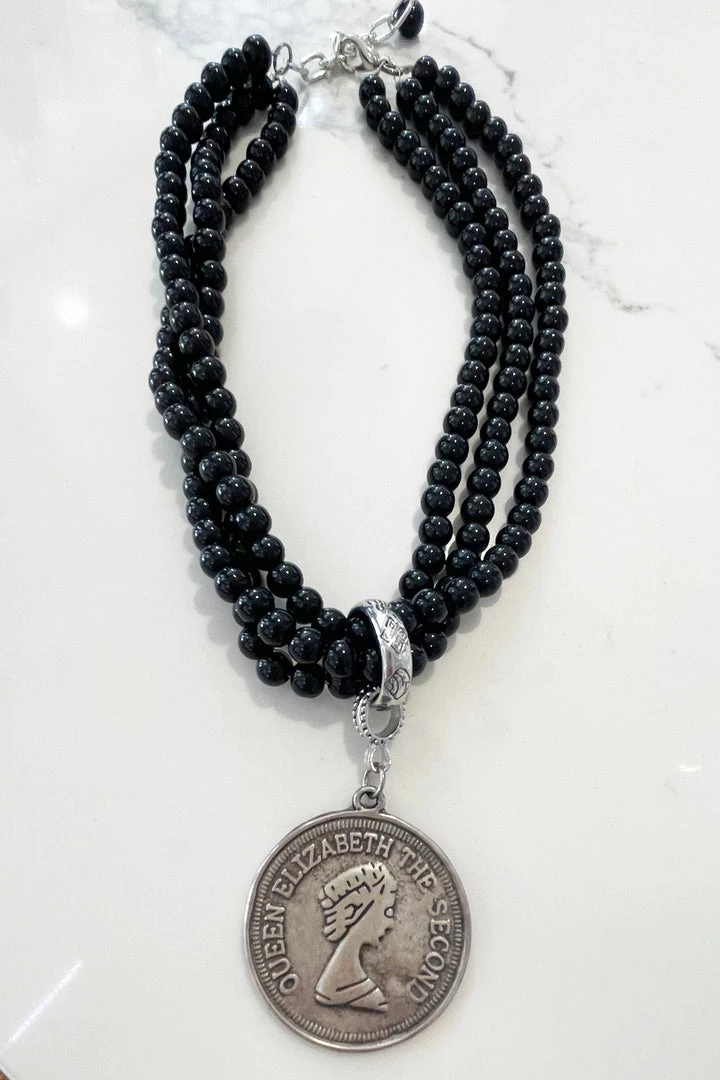 Onyx Necklace With Coin Pendant - Blue Scarab - BS2 2 Onyx Necklace With Coin Pendant - Blue Scarab - BS2