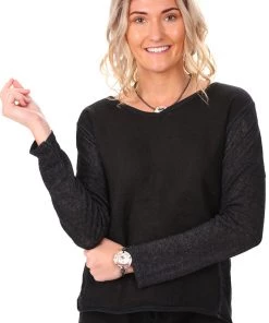 So French So Chic Marie Long Sleeve Linen Top - Black-SF4