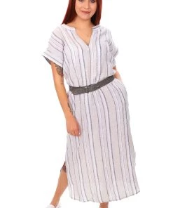 Naturals By O & J V Neck Maxi Linen Dress | Stripe | S