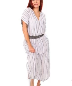 Naturals By O & J V Neck Maxi Linen Dress | Stripe | S