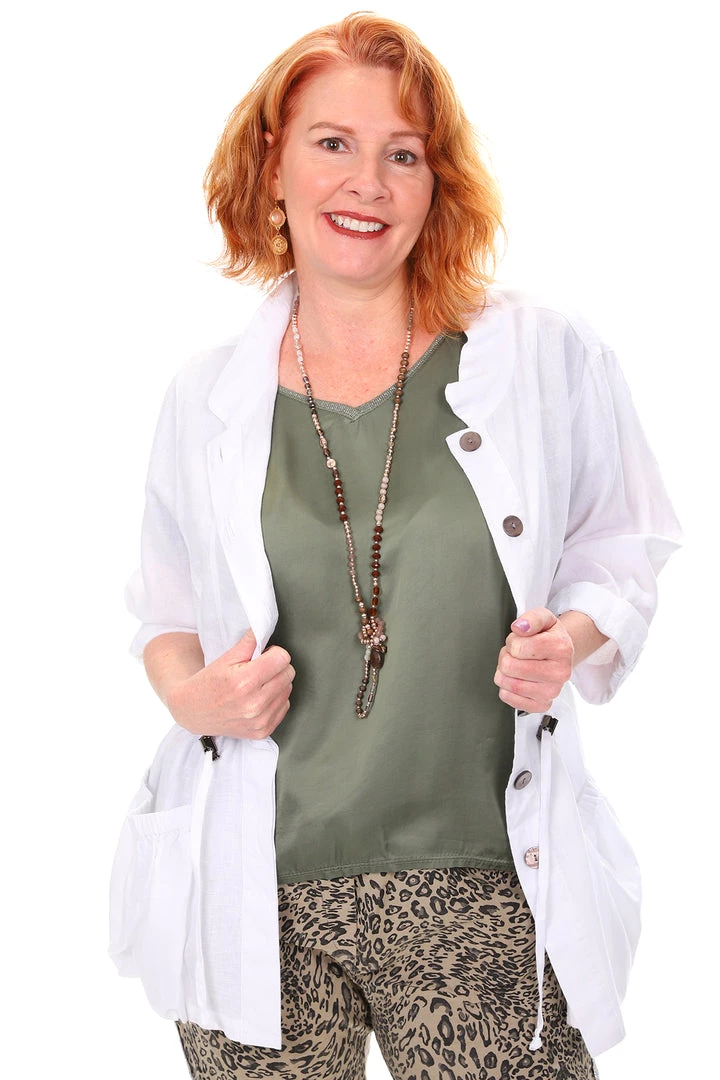 See Saw Linen 3/4 Drawstring Jacket - White 1 See Saw Linen 3/4 Drawstring Jacket - White