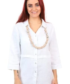 See Saw 3/4 Sleeve Collared Pleat Shirt | White Linen