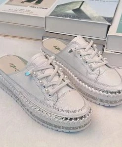 Ameise Pearl Lace Up Slide | White | AM4 Shoes