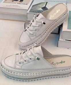 Ameise Pearl Lace Up Slide | White | AM4 Shoes