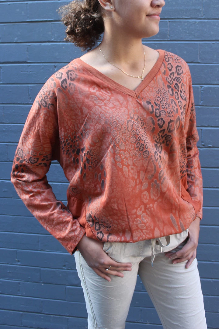 Cest Parfait Tops Frayed Detail V Neck Top | Rust | CP13 1 Cest Parfait Tops Frayed Detail V Neck Top | Rust | CP13