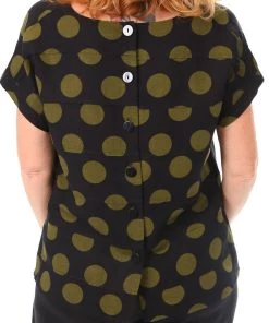 See Saw Linen Cap Sleeve Button Back Top - Olive Spot - SS8