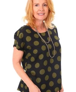 See Saw Linen Cap Sleeve Button Back Top - Olive Spot - SS8