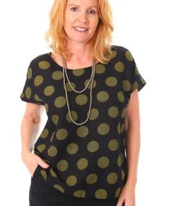 See Saw Linen Cap Sleeve Button Back Top - Olive Spot - SS8