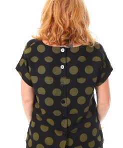 See Saw Linen Cap Sleeve Button Back Top - Olive Spot - SS8