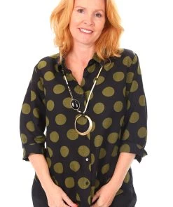 See Saw 3/4 Sleeve Linen Collared Shirt | Olive Spot | SS5