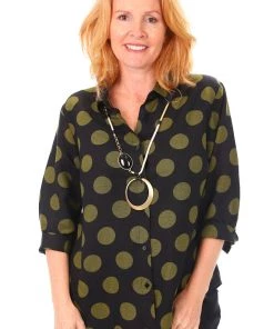 See Saw 3/4 Sleeve Linen Collared Shirt | Olive Spot | SS5