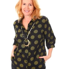 See Saw 3/4 Sleeve Linen Collared Shirt | Olive Spot | SS5