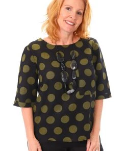 See Saw Linen Elbow Sleeve 1 Pocket Top - Olive Spot - SS3