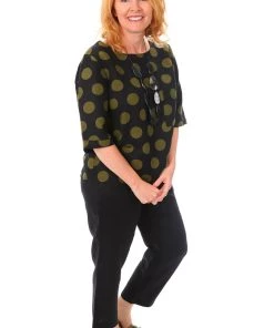 See Saw Linen Elbow Sleeve 1 Pocket Top - Olive Spot - SS3