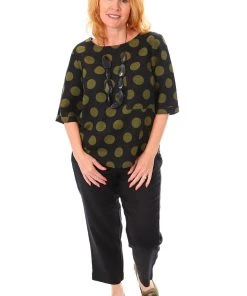 See Saw Linen Elbow Sleeve 1 Pocket Top - Olive Spot - SS3